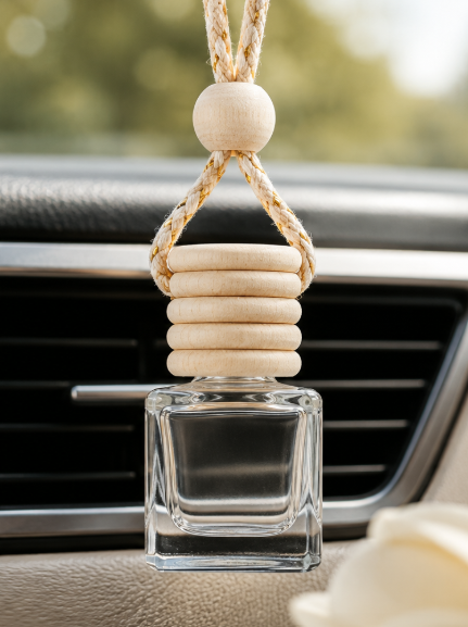 A car air freshener diffuser with a clear glass bottle, stacked light wood beads, and a natural jute hanging cord, resting on a car dashboard.