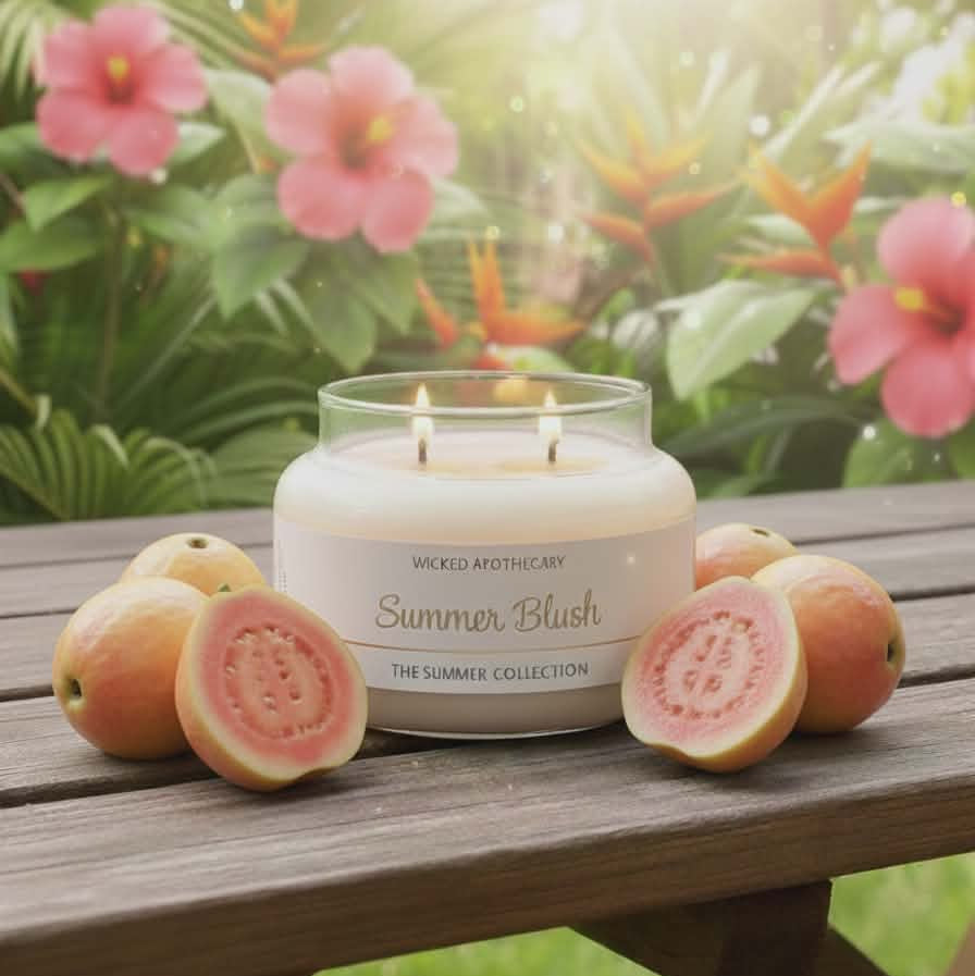 Wicked Mysteries Summer Blush candle on a wooden table with guava fruits and flowers in the background