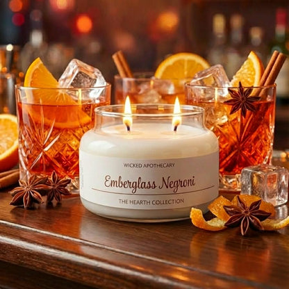 Wicked Apothecary Emberglass Negroni candle on a bar with cocktail glasses and garnishes.
