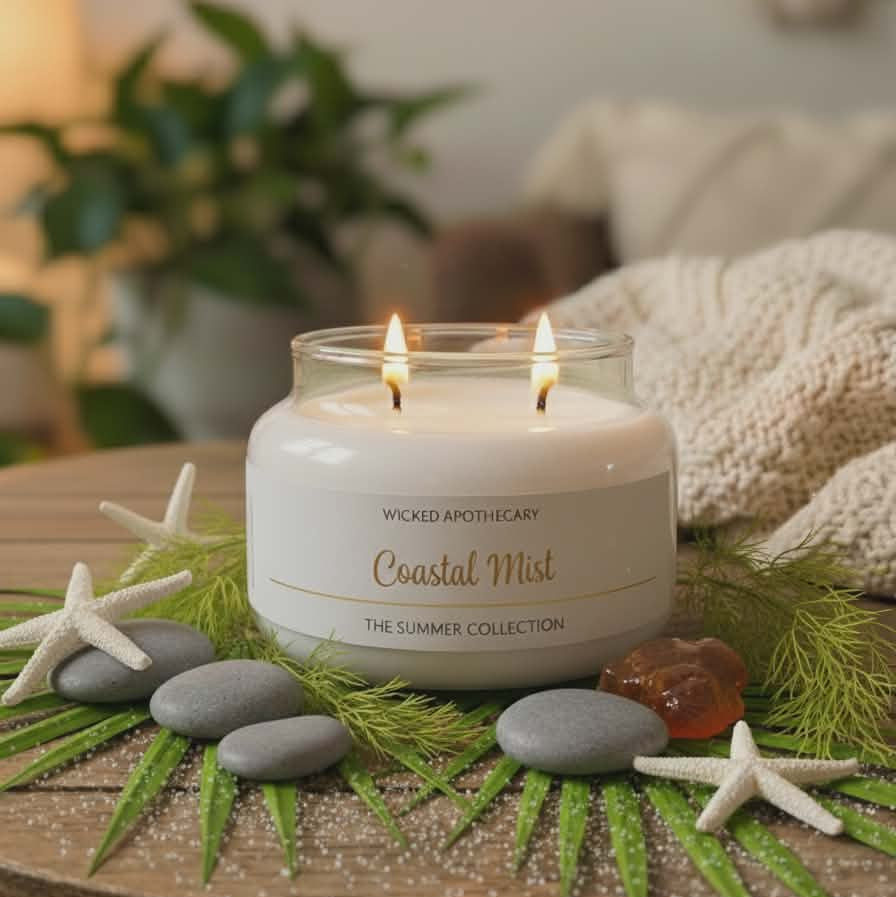 Wicked Apothecary Coastal Mist candle on a decorative table with stones and starfish