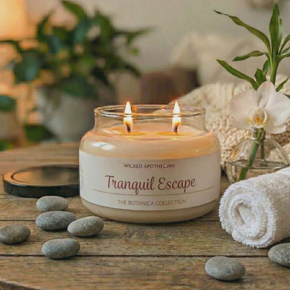 Candle labeled 'Tranquil Escape' on a wooden table with stones and plants in the background