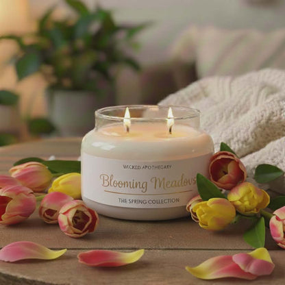 Candle with 'Blooming Meadows' label on a table with flowers and blurred background