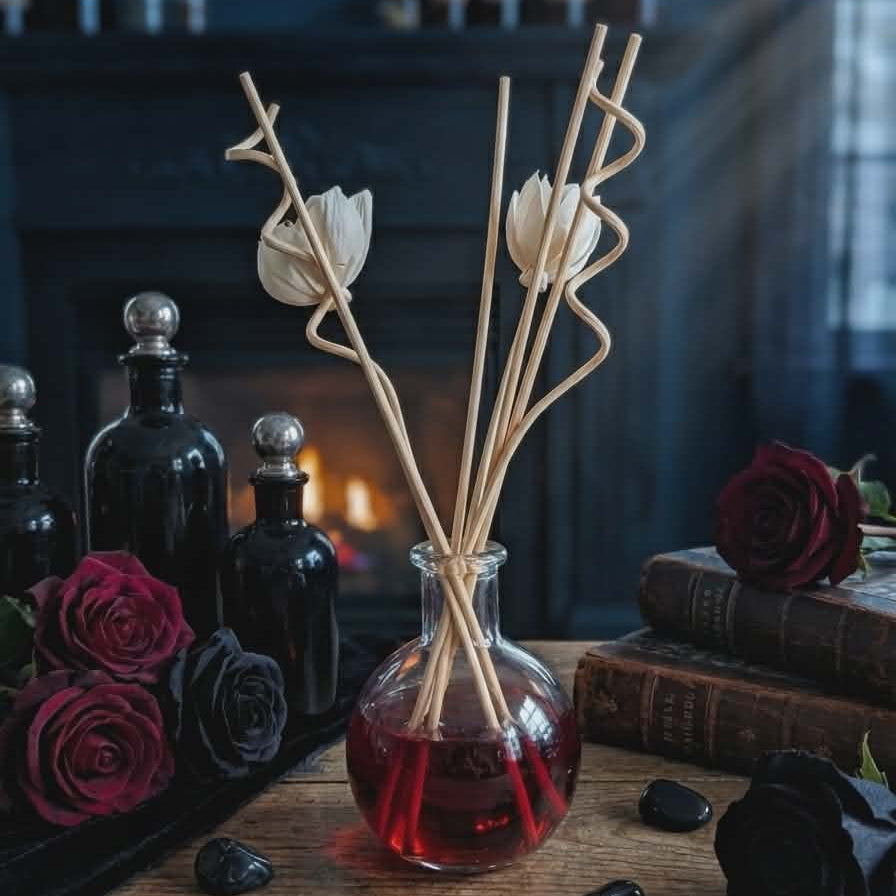 Decorative diffuser with red liquid and white sticks on a wooden surface with flowers and bottles in the background.