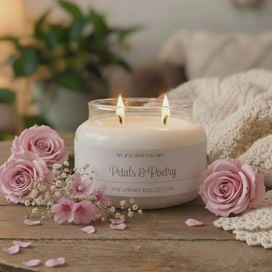 Two lit candles in a container labeled 'Petals & Poetry' on a wooden surface with pink roses and flowers.