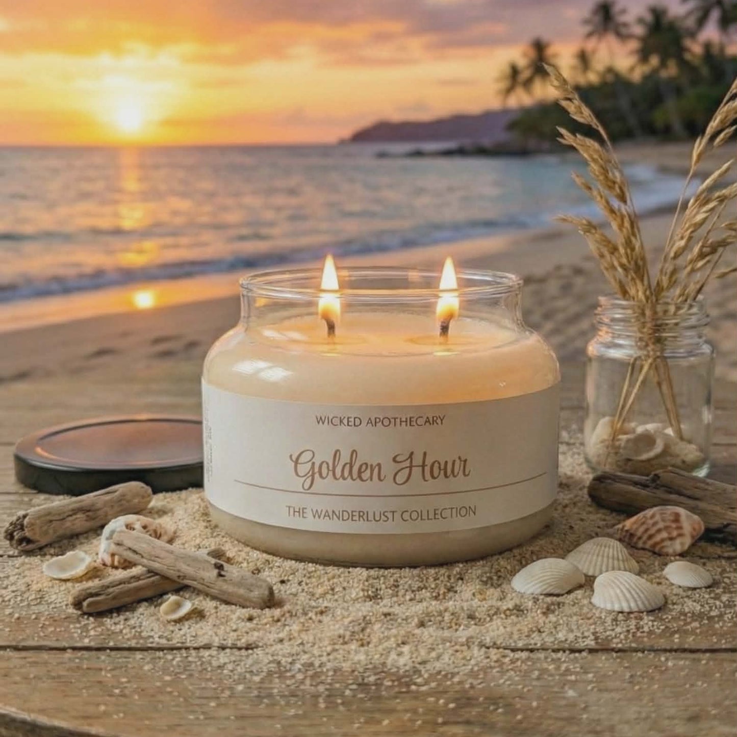 Wicked Apothecary candle on a beach with sunset and palm trees in the background