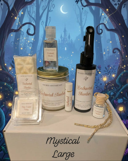 Collection of beauty products on a stand with a mystical forest background