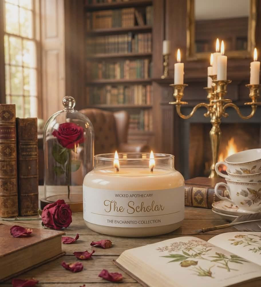 Candle labeled 'The Scholar' in a cozy room with books and candles.