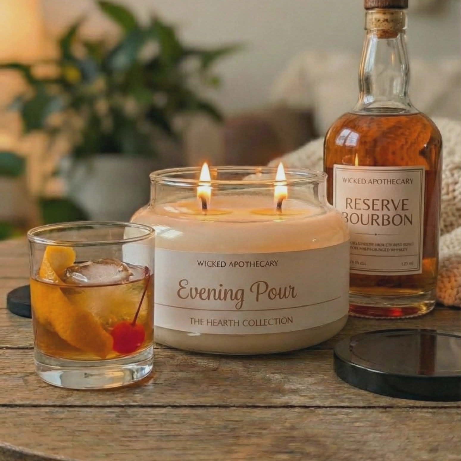 Candle labeled 'Evening Pour' with a bottle of bourbon on a wooden table.
