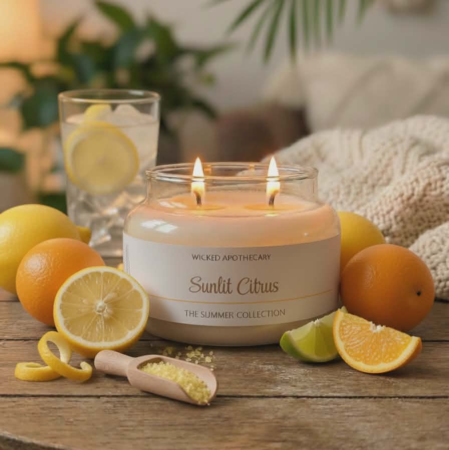 Wicked Apothecary 'Suntit Citrus' candle on a wooden table with lemons, oranges, and a glass of water.