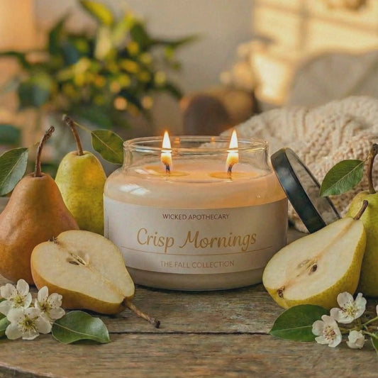 Candle labeled 'Crisp Mornings' surrounded by pears and flowers on a wooden surface.