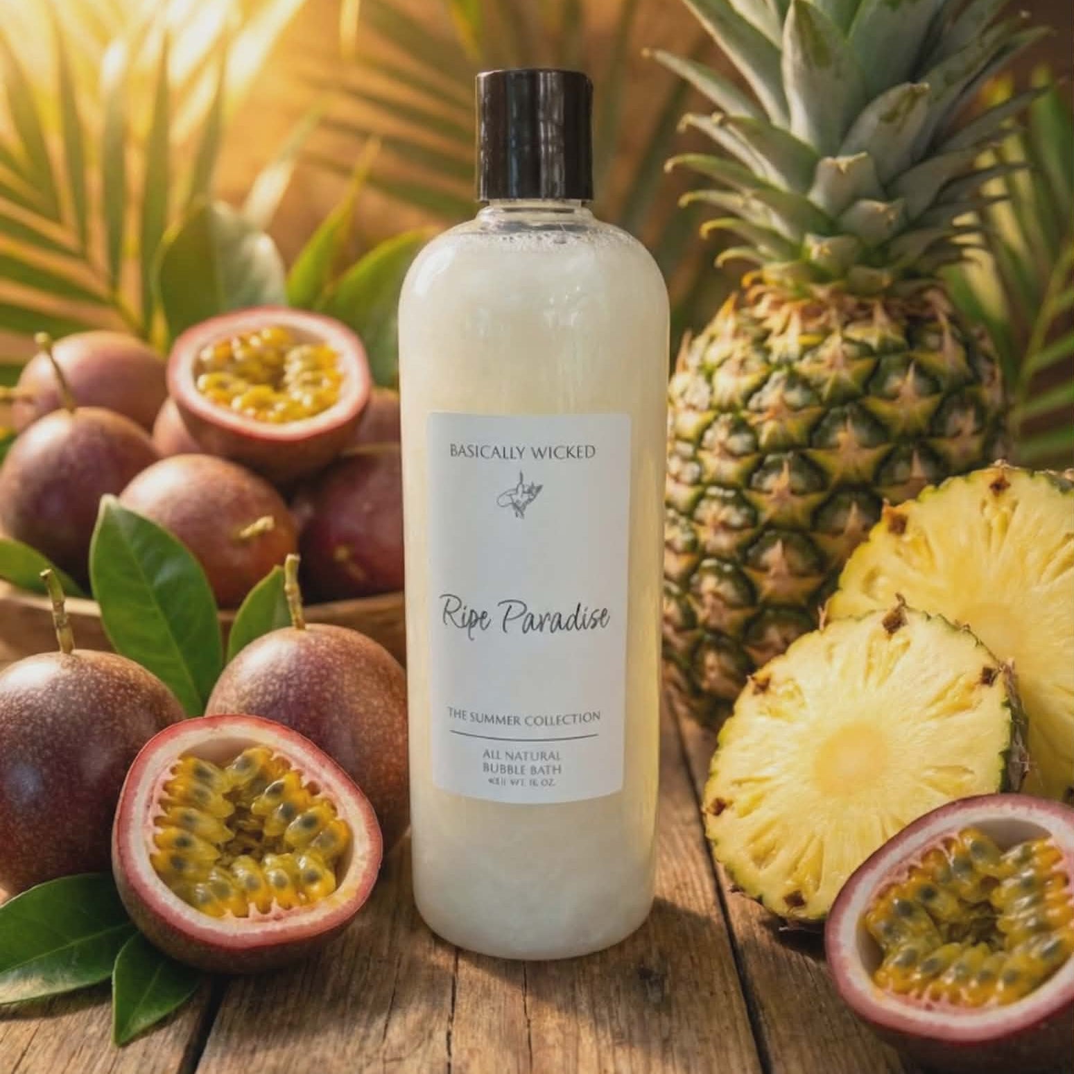 Bottle of 'Ripe Paradise' product with pineapple and passion fruit on a wooden surface