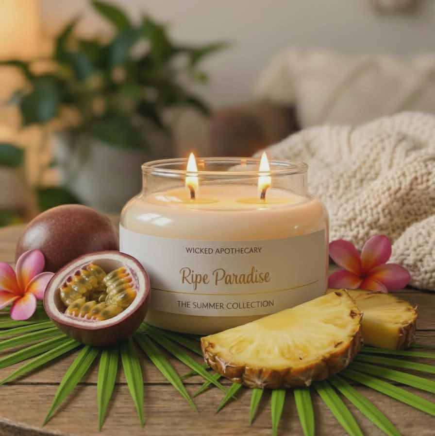 Wicked Apothecary 'Ripe Paradise' candle on a table with fruit and flowers
