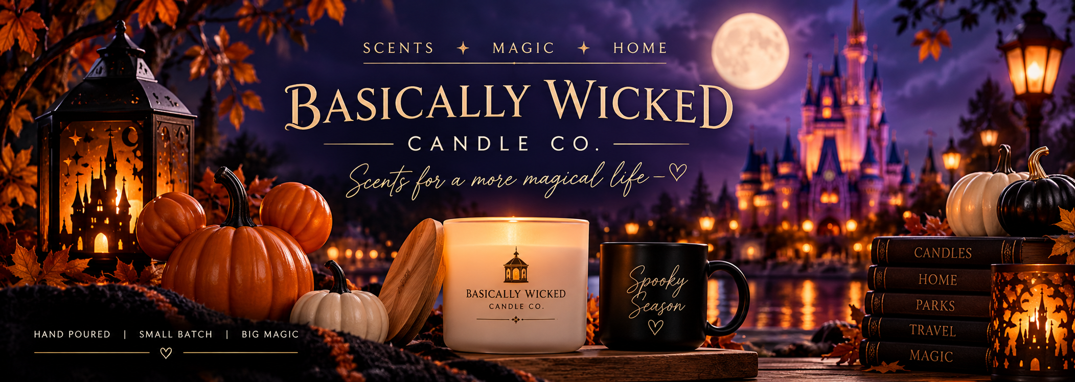 A Halloween-themed promotional banner for Basically Wicked Candle Co. featuring a lit candle, a black mug reading 'Spooky Season,' pumpkins, lanterns, books, and a castle silhouette under a full moon.