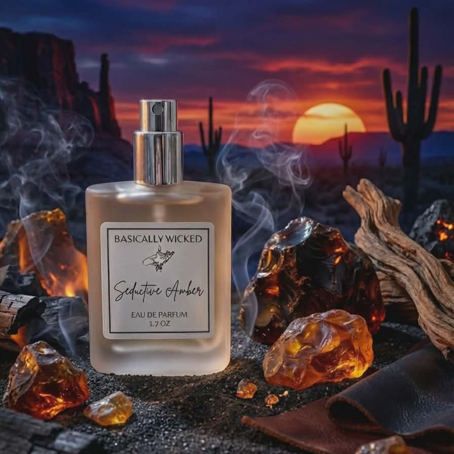 Perfume bottle labeled 'Basically Wicked Seductive Amber' with a desert sunset background