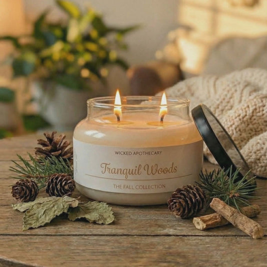 Candle labeled 'Tranquil Woods' on a wooden table with decorative elements.