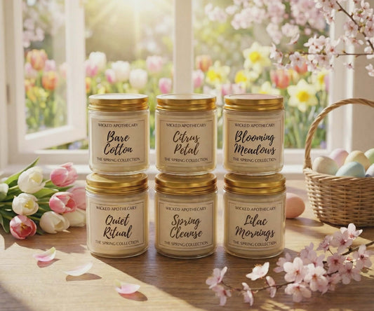 Set of candles with labels in a springtime setting with flowers and a basket.