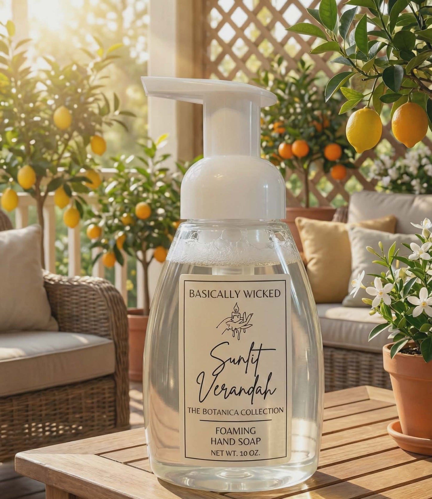 Foaming hand soap bottle labeled 'Basically Wicked' on a wooden table with a garden background.