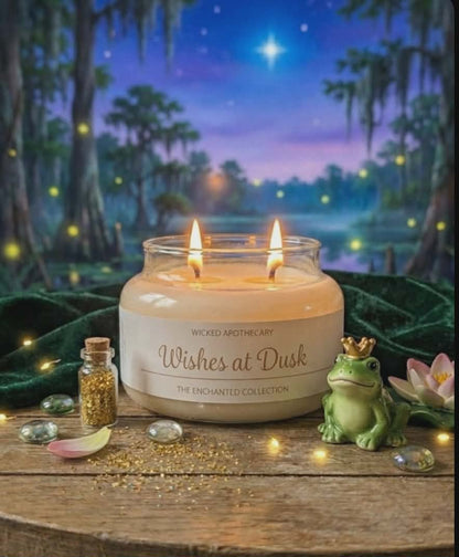 Wicked Apothecary candle with 'Wishes at Dusk' on a wooden surface with a magical forest background.