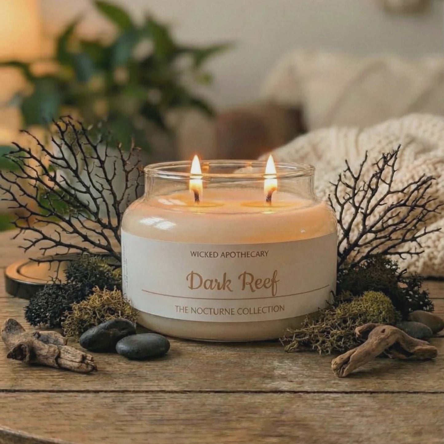 Candle in a glass jar labeled 'Dark Reef' from Wicked Apothecary on a wooden table with decorative elements.