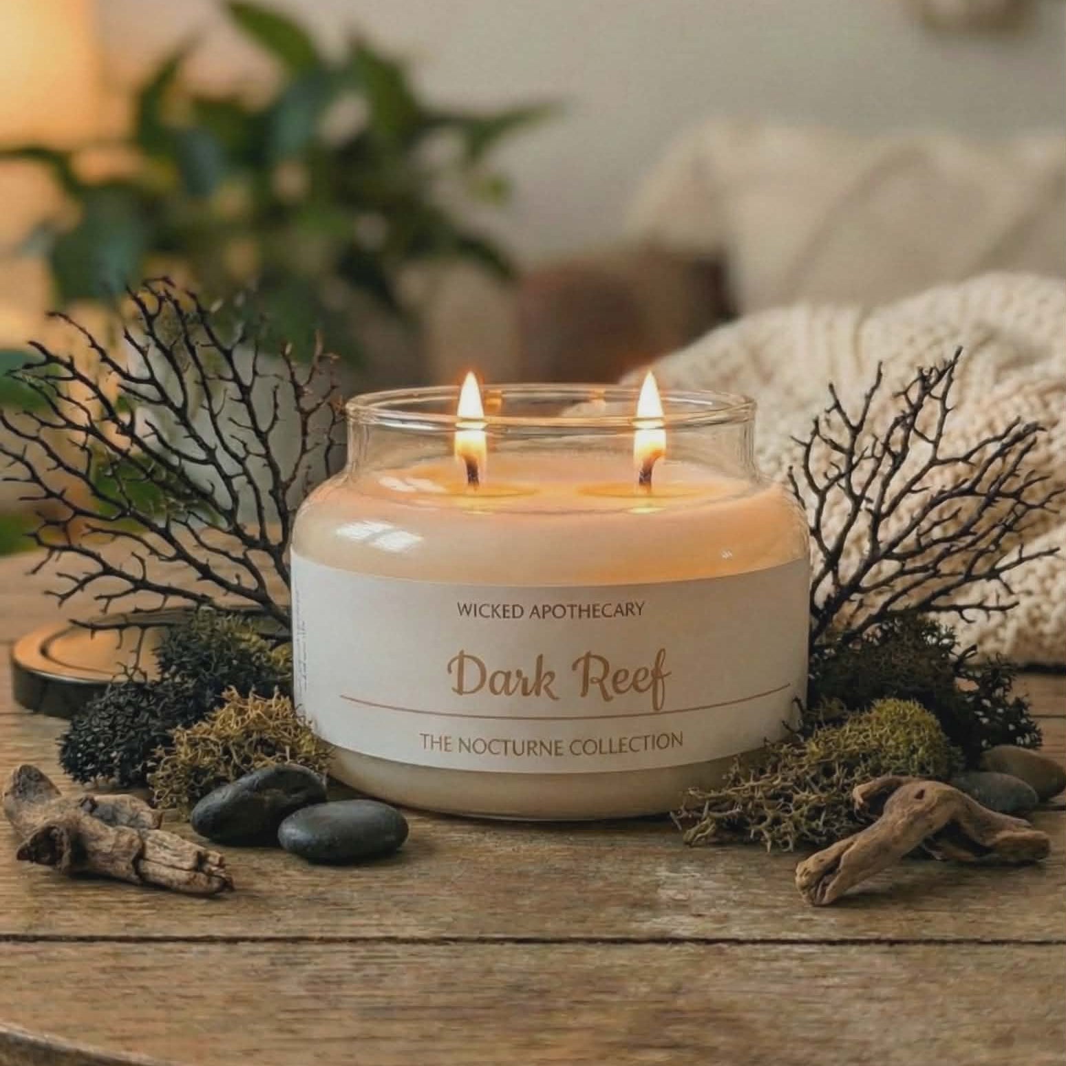 Candle in a glass jar labeled 'Dark Reef' from Wicked Apothecary on a wooden table with decorative elements.