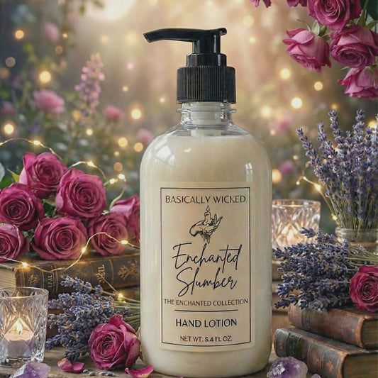 Hand lotion bottle labeled 'Basically Wicked' with flowers and candles in the background