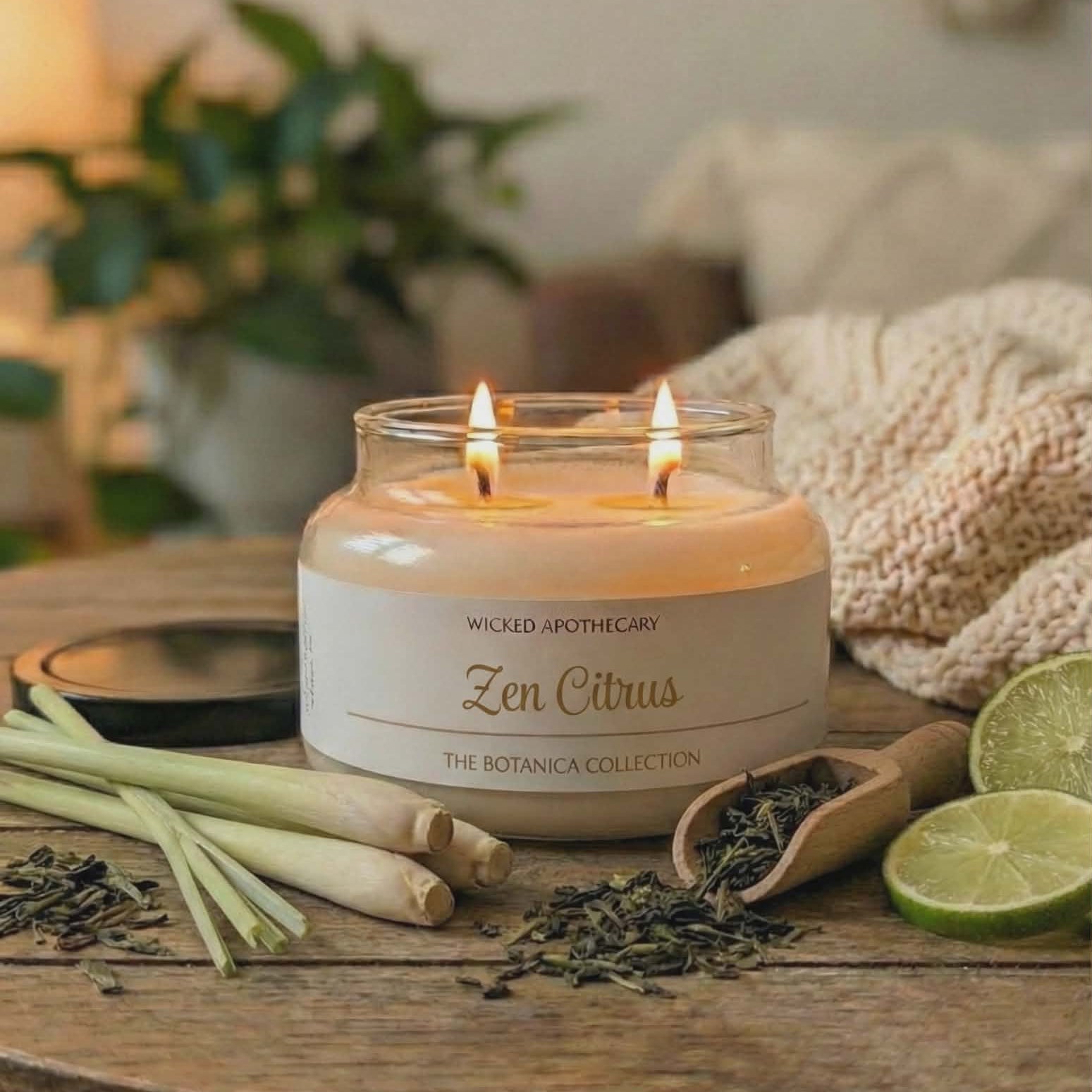 Wicked Apothecary Zen Citrus candle on a wooden table with herbs and limes.