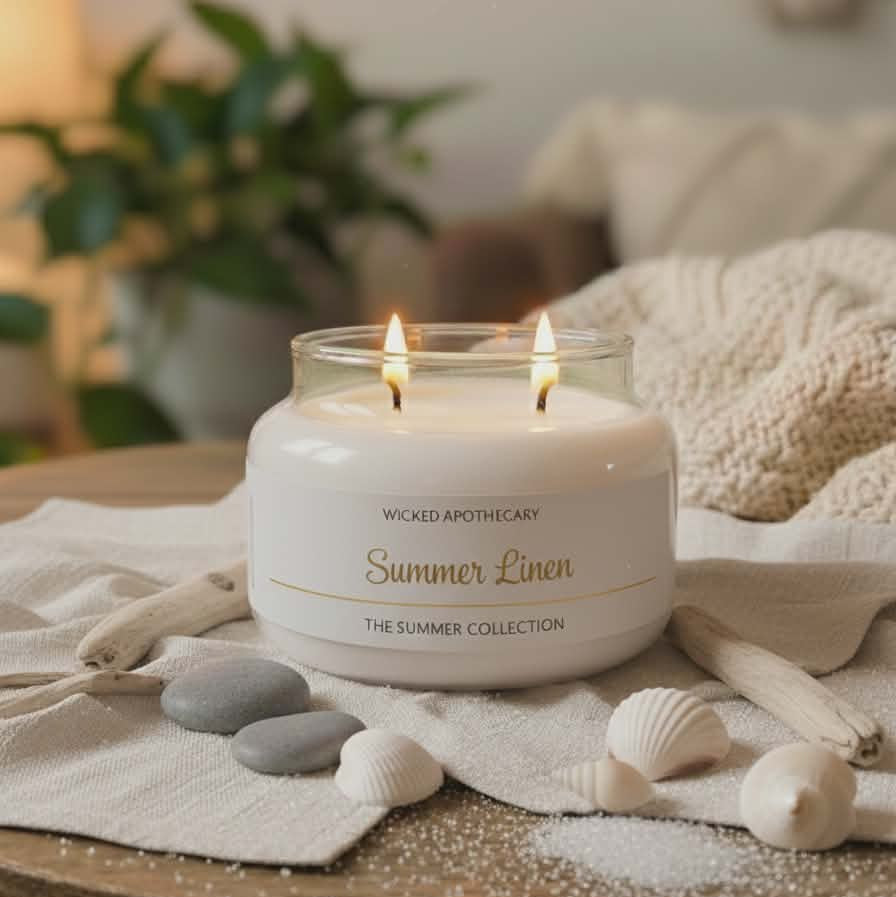 Wicked Apothecary Summer Linen candle on a table with decorative elements