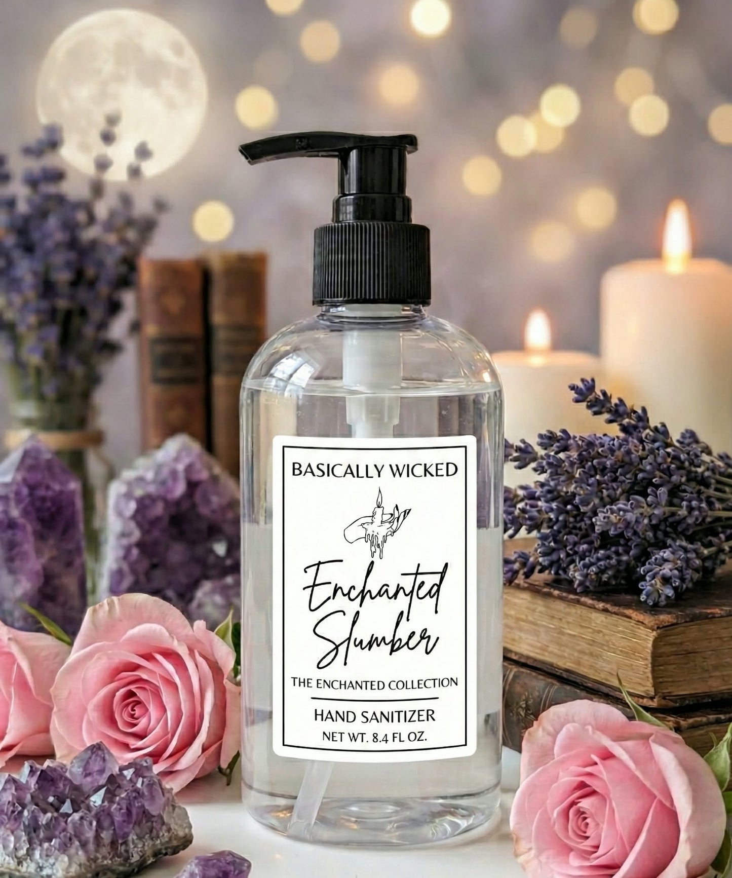 Hand sanitizer bottle labeled 'Basically Wicked' with decorative elements like flowers and candles in the background.