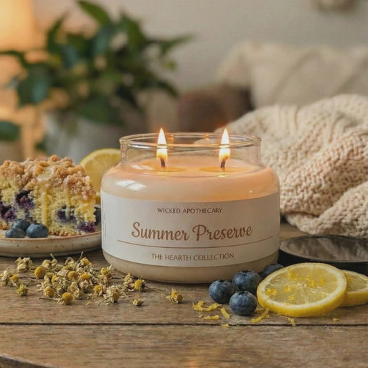 Candle labeled 'Summer Preserve' on a wooden table with lemon slices, blueberries, and a slice of cake.