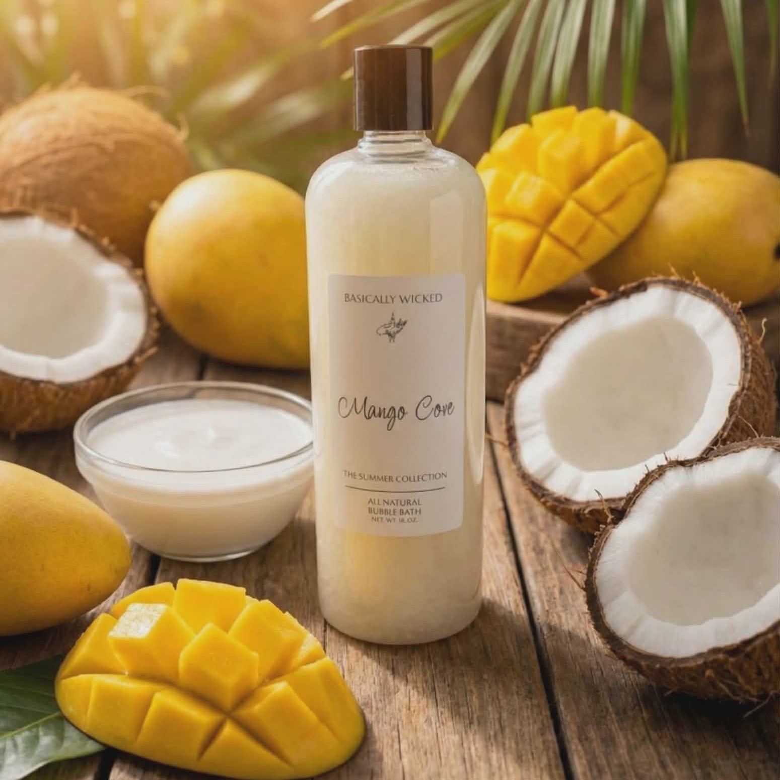 Mango and coconut themed product on a wooden surface with natural light