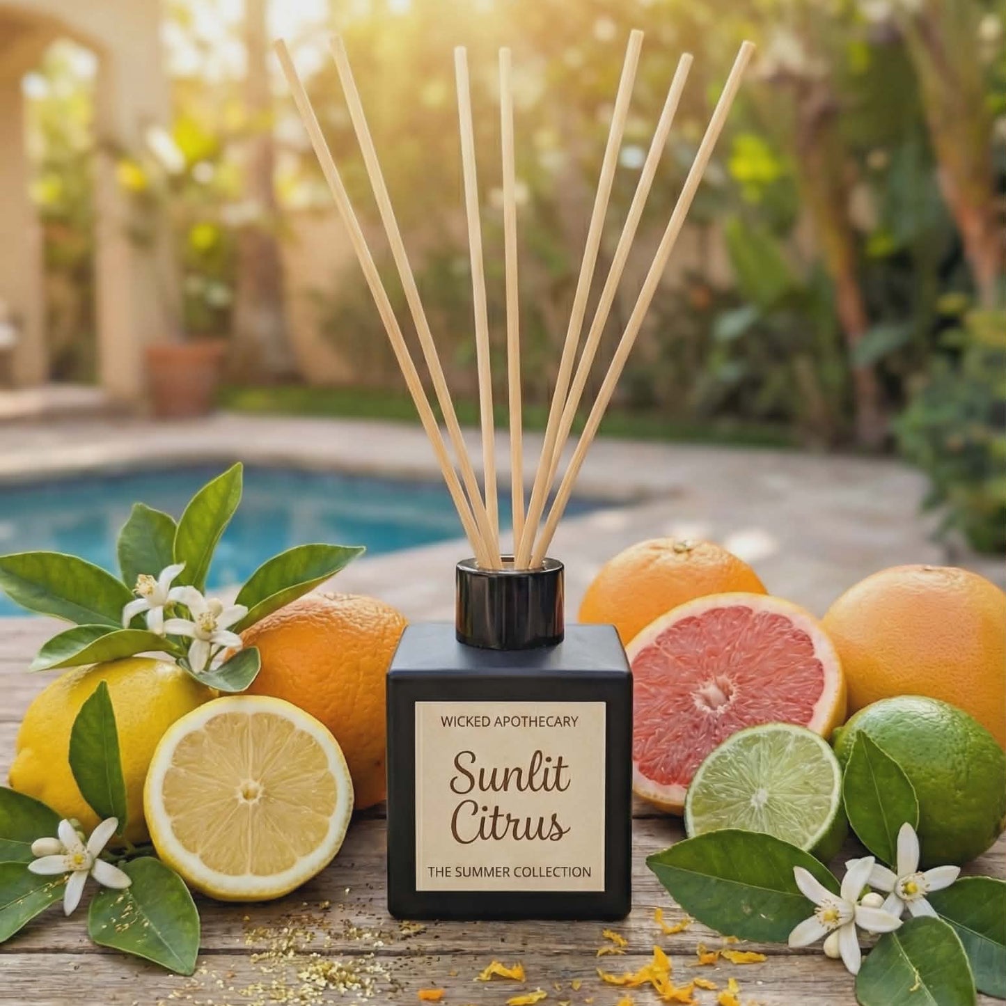 Scented reed diffuser labeled 'Sunlit Citrus' surrounded by citrus fruits and flowers outdoors.