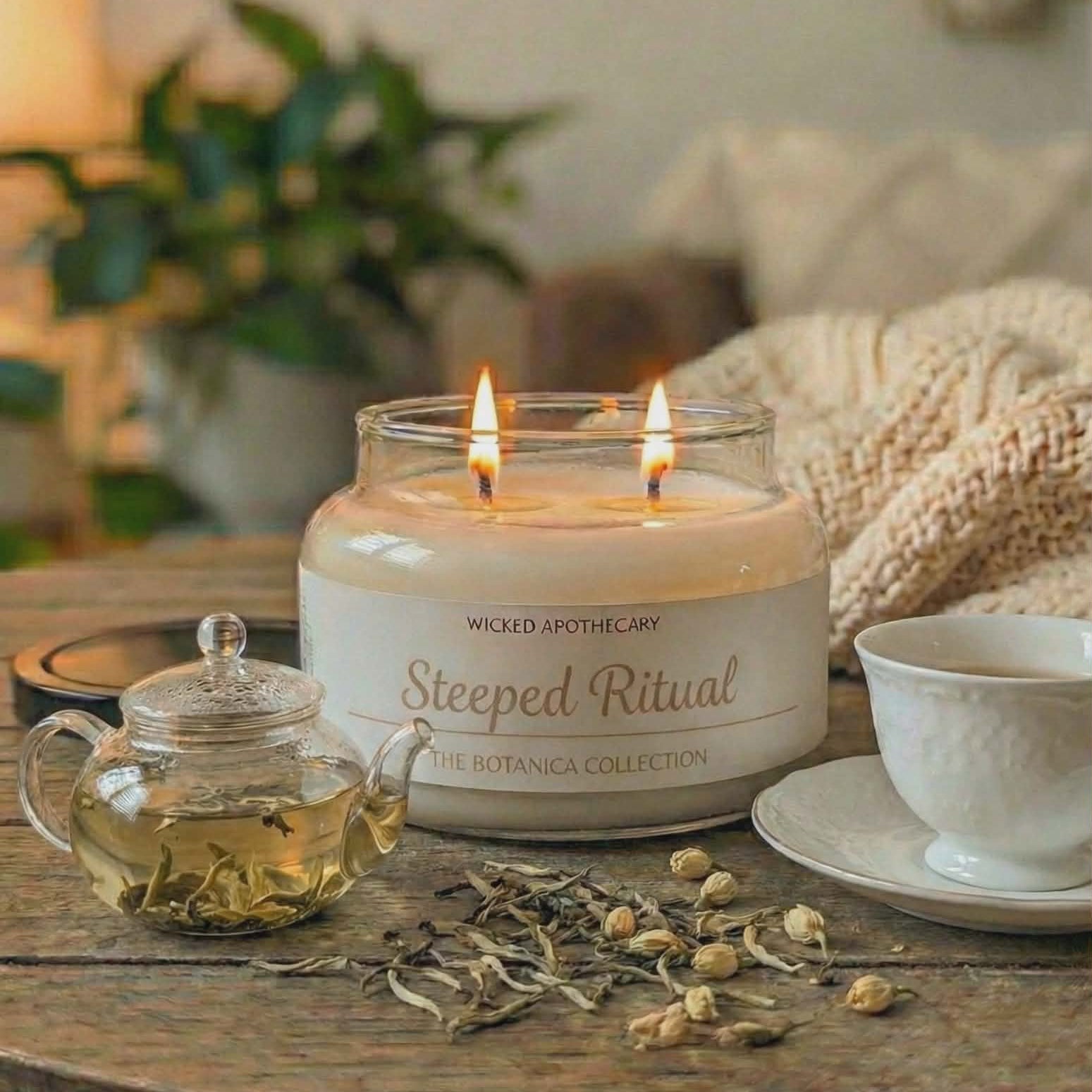 Candle labeled 'Steepled Ritual' on a table with a teapot and cup, surrounded by plants and cozy decor.