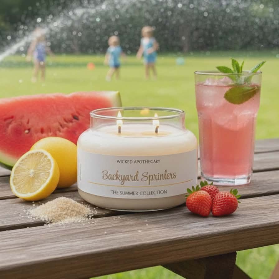 Candle labeled 'Backyard Sprinklers' on a wooden table with watermelon, lemon, and strawberry, children playing in the background.