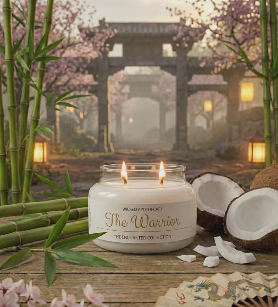 Candle labeled 'The Warrior' with coconuts, bamboo, and cherry blossoms in a serene setting.