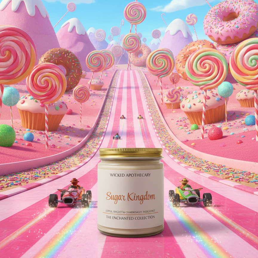 Wicked Apothecary Sugar Kingdom candle in a candy-themed landscape with lollipops, donuts, and mountains.