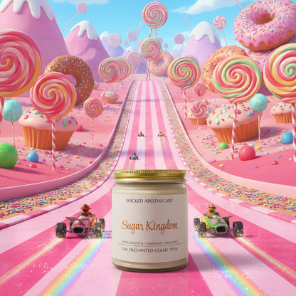 Wicked Apothecary Sugar Kingdom candle in a candy-themed landscape with lollipops, donuts, and mountains.