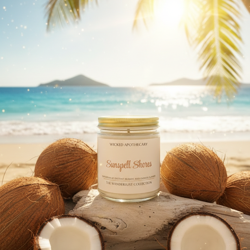 Candle labeled 'Sunspell Sherbet' on a beach with coconuts and palm trees in the background