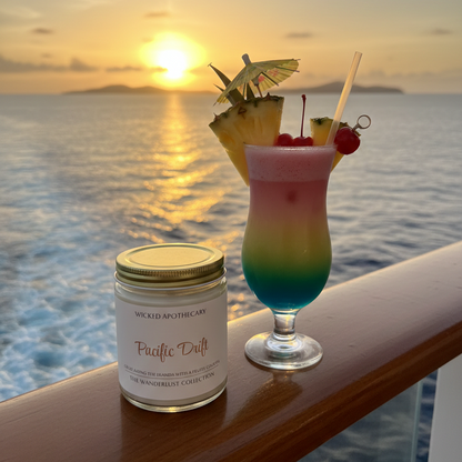 Two colorful cocktails and a jar of Pacific Drift on a railing with a sunset over water.