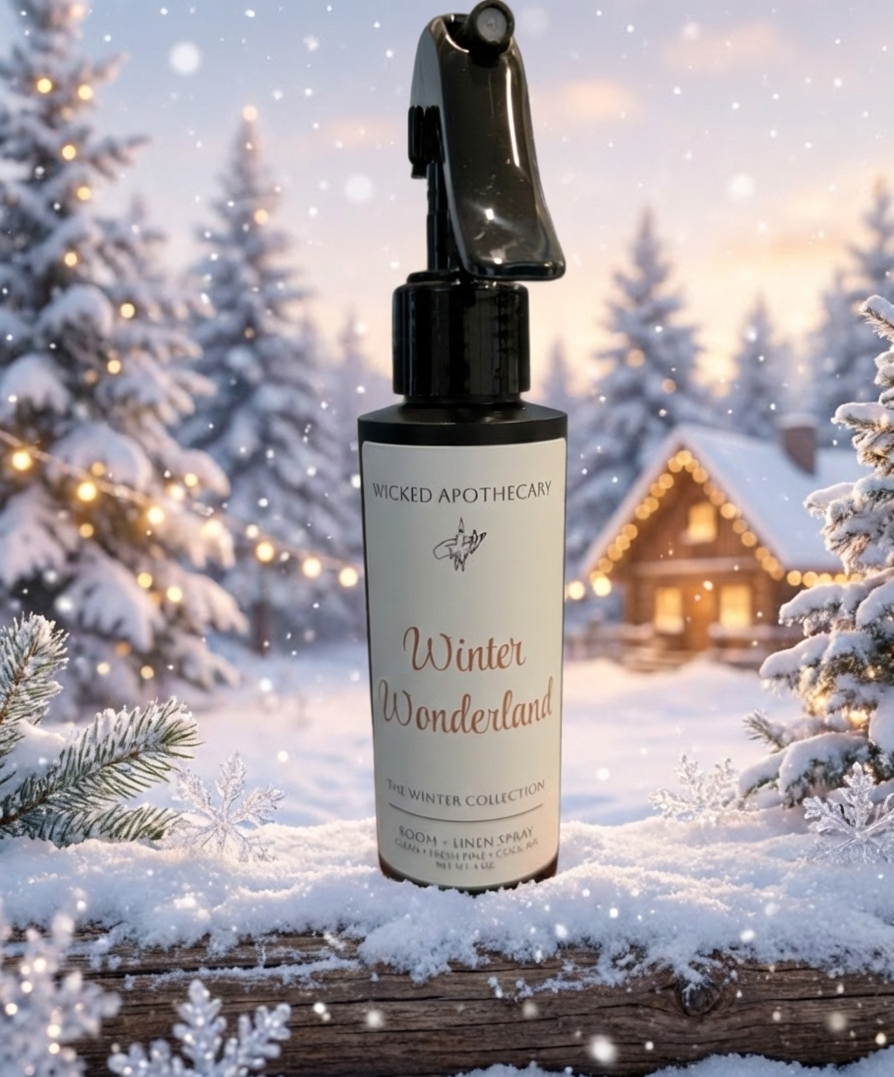 Spray bottle labeled 'Winter Wonderland' by Wicked Apothecary on a snowy background with Christmas trees and a cabin.