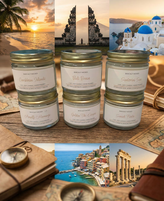 Three candles with labels on a wooden surface, surrounded by scenic images of a sunset, architecture, and a coastal town.