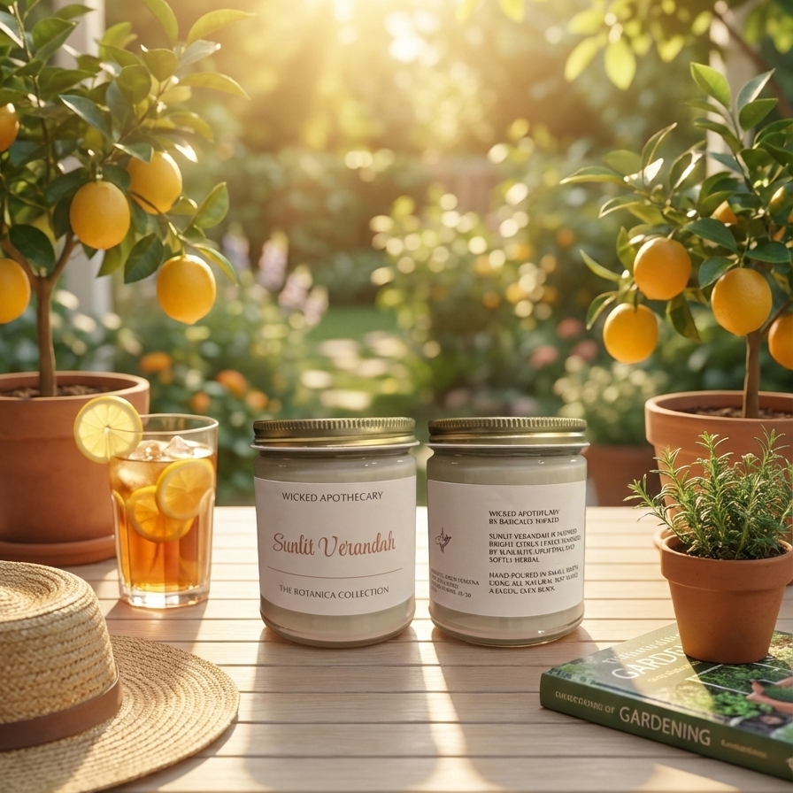 Two candles on a wooden table with a garden view, including potted plants and a hat.