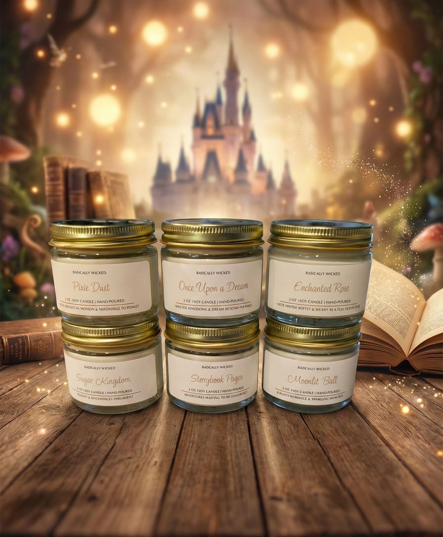 Five jars labeled 'Once Upon a Dream' on a wooden surface with a magical castle background.