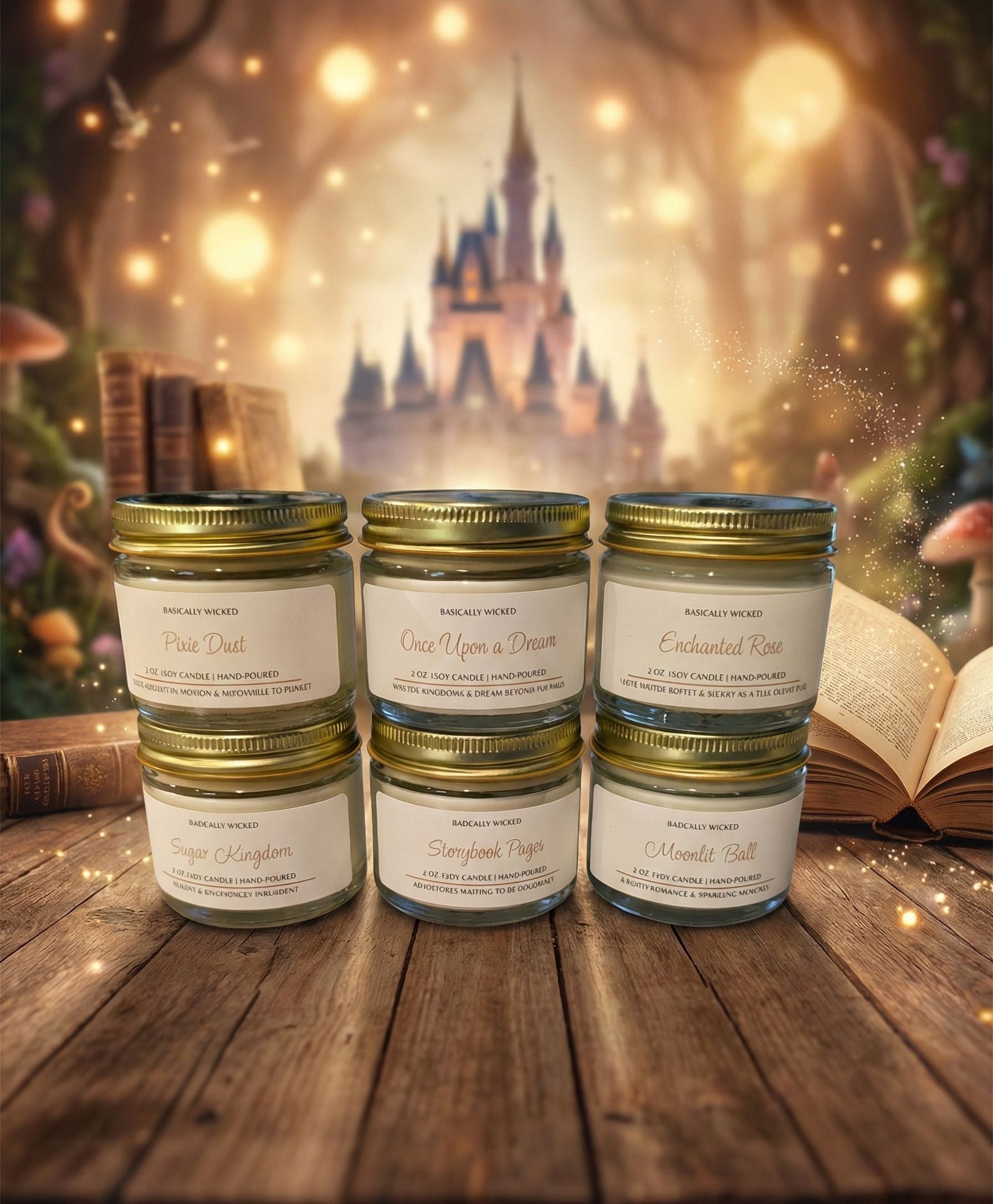 Five jars labeled 'Once Upon a Dream' on a wooden surface with a magical castle background.