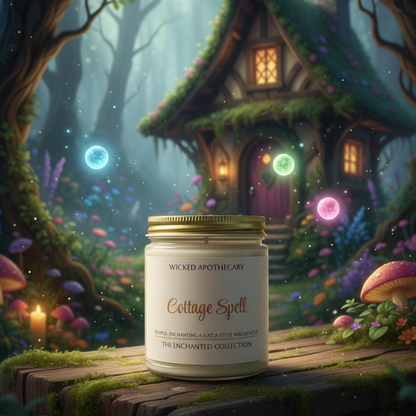 Candle labeled 'Cottage Spell' in front of a mystical forest cabin with glowing lights.
