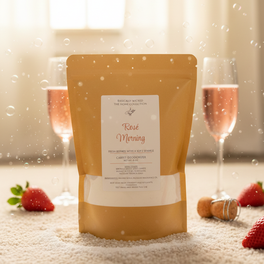 Bag of 'Rose Morning' product with champagne glasses and strawberries on a light background